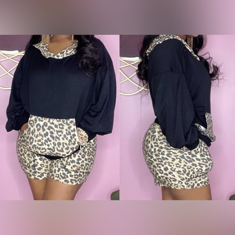 Cheetah print and black top and short set